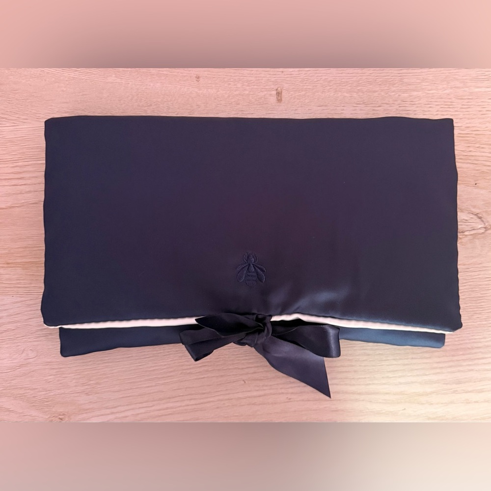 GUERLAIN EYE SLEEP MASK & MAKEUP COSMETIC BAG DARK BLUE WITH RIBBONS NEW NO TAGS